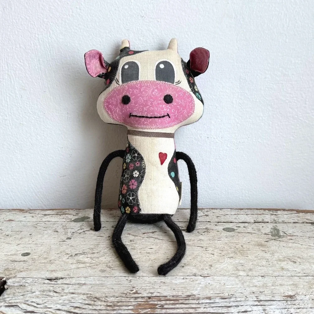 Pink Needle Felted Cow Plush Patchwork Floral Plaid Heart Bell Toy